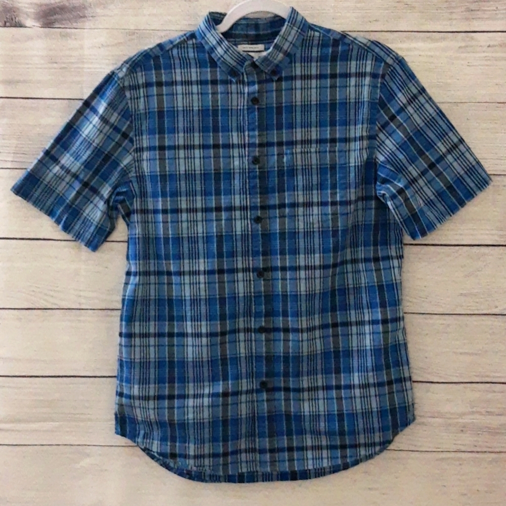Old Navy The Classic Shirt Short Sleeve Slim Fit Blue Plaid Button Up Men's M